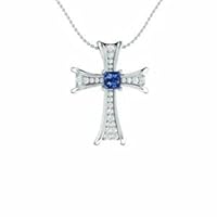 0.50 Ct Princess Blue & White Sapphire Cross Pendant Necklace 14k White Gold Plated