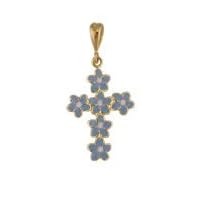 Children's Fine Jewelry 18 Kt Yellow Gold Blue Enamel Flower Cross (19mm X 14mm/31mm with Bail)