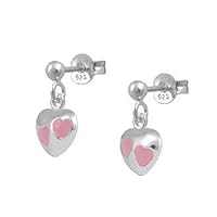 Girl's Jewelry - Sterling Silver Pink Enamel Dangling Heart Earrings