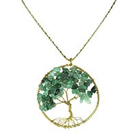 Green Indian Simulated Jade Stone Eternal Tree of Life Brass Long Necklace