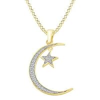 0.30 Cttw Round Diamond Moon & Star Pendant Necklace 10K Solid Yellow Gold