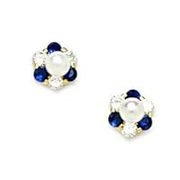 14k Yellow Gold White 3x3mm Freshwater Cultured Pearl Dark Blue CZ Cubic Zirconia Simulated Diamond Screw Back Earrings Jewelry for Women