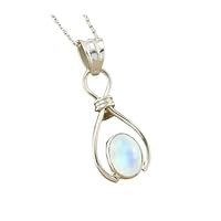 925 Sterling Silver Natural Oval Rainbow Moonstone Pendant With Chain Jewelry
