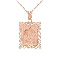 ROSE GOLD PISCES ZODIAC SIGN FILIGREE SQUARE PENDANT NECKLACE - Gold Purity:: 10K, Pendant/Necklace Option: Pendant With 20