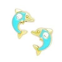 14k Yellow Gold Enamel Screw Back Blue Dolphin Earrings Measures 10x8mm Jewelry for Women