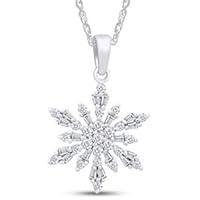 Round & Baguette Diamond Simulated Snowflake Pendant Necklace 14K White Gold Plated