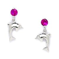 925 Sterling Silver Rhodium Plated Red CZ Cubic Zirconia Simulated Diamond Dolphin Drop Screw Back Earrings Measures 13x7mm Jewelry for Women