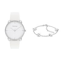 Calvin Klein Unisex Quartz Stainless Steel Case Watch with White Leather Strap with Women's Silver Chain Bracelet