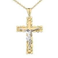 CRUCIFIX NUGGET CROSS PENDANT NECKLACE IN TWO-TONE YELLOW GOLD - Gold Purity:: 10K, Pendant/Necklace Option: Pendant With 16