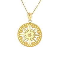 Solid Yellow Gold Textured Medallion Openwork Flaming Sun Pendant Necklace - Gold Purity:: 14K, Pendant/Necklace Option: Pendant With 18