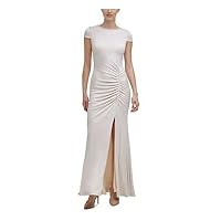 Stretch Cap Sleeve Full-Length Formal Gown Dress, White, 2