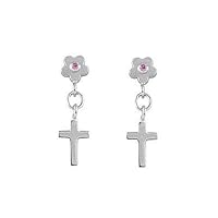Girl's Sterling Silver Pink Sapphire Flower Dangling Cross Earrings