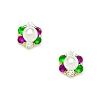 14k Yellow Gold White 3x3mm Freshwater Cultured Pearl Red Green CZ Cubic Zirconia Simulated Diamond Screw Back Earrings Jewelry for Women