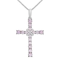Round Pink & White Sapphire Cross Pendant Necklace 14K Gold Plated Sterling Silver