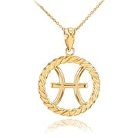 GOLD PISCES ZODIAC SIGN IN CIRCLE ROPE PENDANT NECKLACE - Gold Purity:: 14K, Pendant/Necklace Option: Pendant With 16