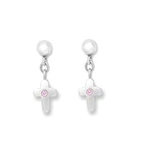 Sterling Silver Pink Sapphire Accent Dangling Cross Earrings for Girls