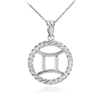 Sterling Silver Gemini Zodiac Sign in Circle Rope Pendant Necklace - Pendant/Necklace Option: Pendant With 16