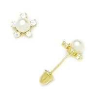 14k Yellow Gold White 3x3mm Freshwater Cultured Pearl and CZ Cubic Zirconia Simulated Diamond Flower Screw Back Earrings Jewelry for Women