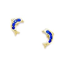 14k Yellow Gold Dark Blue CZ Cubic Zirconia Simulated Diamond Dolphin Shaped Screw Back Earrings Measures 8x6mm Jewelry for Women