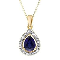 Blue & White Sapphire Drop Pendant Necklace 14K Yellow Gold Plated