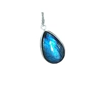 925 Sterling Silver Natural Pear Blue Fire Labradorite Gemstone Pendant With 20Inch Chain