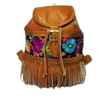 Leather Backpack, Medium Waterproof Bookbag for Men and Women - Brown with ethnic embroidery. (Purple)