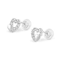 14K White Gold Simulated Birthstone Double Hearts Girls Stud Earrings