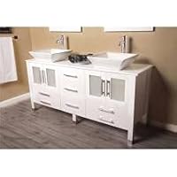 71 - inch Solid Wood Vanity with a Porcelain Counter top and Two Matching Vessel Sinks, Two Long-stemmed Chrome faucets and drains.