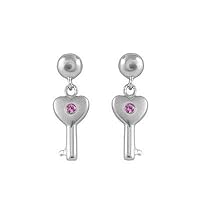 Girl's Jewelry - Sterling Silver Pink Sapphire Dangling Key Earrings