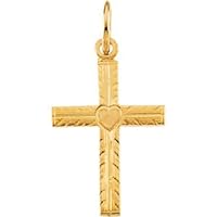JewelryWeb 14k Yellow Gold for boys or girls Religious Faith Cross Pendant Necklace With Love Heart 13x10mm