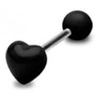 14g Surgical Steel Tongue Ring Barbell Body Jewelry Piercing with Black Acrylic Heart Design Top 14 Gauge 5/8