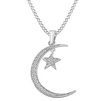 0.30 Cttw Round Diamond Moon & Star Pendant Necklace 10K Solid White Gold