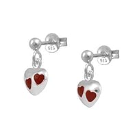 Girl's Jewelry - Sterling Silver Red Enamel Dangling Heart Earrings