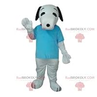 White dog REDBROKOLY Mascot with his turquoise t-shirt