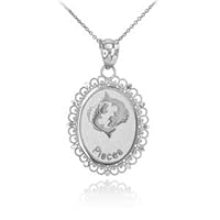 White Gold Pisces Zodiac Sign Filigree Oval Pendant Necklace - Gold Purity:: 10K, Pendant/Necklace Option: Pendant Only