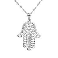 SPARKLE CUT FILIGREE HAMSA PENDANT NECKLACE IN WHITE GOLD - Gold Purity:: 14K, Pendant/Necklace Option: Pendant With 16