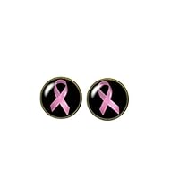 Pink Ribbon, Breast Cancer Awareness, Glass Dome Post Earrings