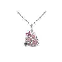 Girls Jewelry - Silver Pink Enameled Flower Butterfly Heart Necklace (12-18 in)