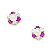 14k Yellow Gold White 3x3mm Freshwater Cultured Pearl and Red CZ Screw back Earrings Measures 6x6mm Jewelry for Women