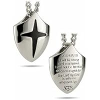 Shields of Strength Men's Stainless Steel Silver Cross Shield Pendant Necklace Joshua 1:9 Bible Verse Christian Faith Chain Baptism Soldier Boys Gifts