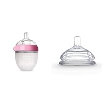 Comotomo Baby Essential Bundle Natural Feel Baby Bottle, Pink, 5 Oz and Silicone Replacement Nipple, Slow Flow & 0-3 Months