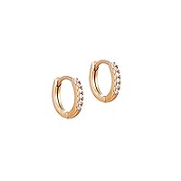 Rose Gold Plated 925 Silver 0.18 ct (J-K Color, I1-I2 Clarity) huggie hoop earrings, 10MM Pavé setting hoops, dainty Rose Gold hoops with diamonds.