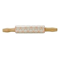 Red & Gray Floral Stoneware & Wood Rolling Pin
