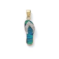 14k Two Tone Gold Dark Green Simulated Opal Flip Flop and Diamond Pendant Necklace Jewelry for Women