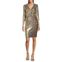 Calvin Klein Women's V-Neck Faux Wrap Sequin Mesh Dress, Gold/Silver, 12
