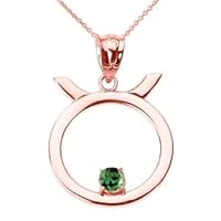 Rose Gold Taurus Zodiac Sign May Birthstone Pendant Necklace - Gold Purity:: 10K, Pendant/Necklace Option: Pendant With 16