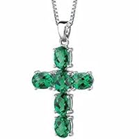 14k White Gold Plated 0.55ct Green Emerald Cut Diamond Cross Pendent necklace