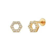 Yellow Gold Plated 14K Gold 0.12 ct (J-K Color, I1-I2 Clarity) hexagon bright silver piercing earring, hexagon diamond stud earring, gift for her.
