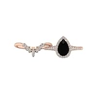 Teardrop 1.00 CT Black Onyx Engagement Ring Set Rose Gold Unique Black Stone Silver Halo Wedding Ring for Woman Vintage Bridal Promise Ring for Her