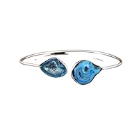 925 Sterling Silver Pretty Blue Agate Druzy Adjustable Bangle Bracelet Gift